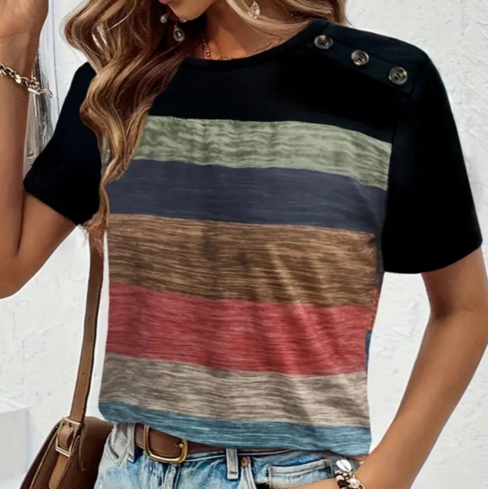 Striped Button-Shoulder Women's Top